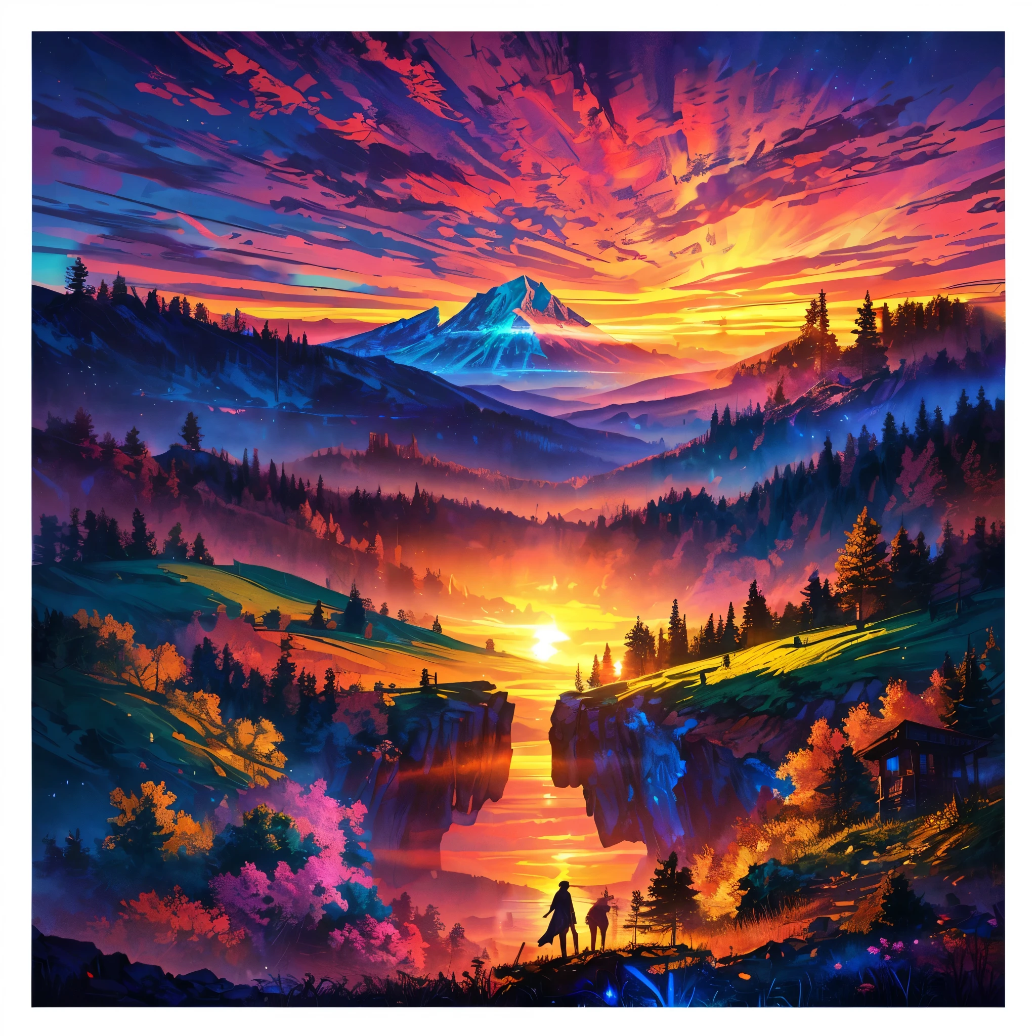 picture of a mountain lake with sunset in the background, just a joke, Psychedelic landscape, Dan Mumford and Albert Bierstadt, colorful sunset, detailed dream landscape, An extraordinary colorful landscape, Colorful glow, Colorful landscape painting, inspired by Dan Mumford, Kilian Eng Bright Colors, Mountain sunrise, Rich painterly colors, Kilian Eng Bright Colors, El Bosco and Dan Mumford