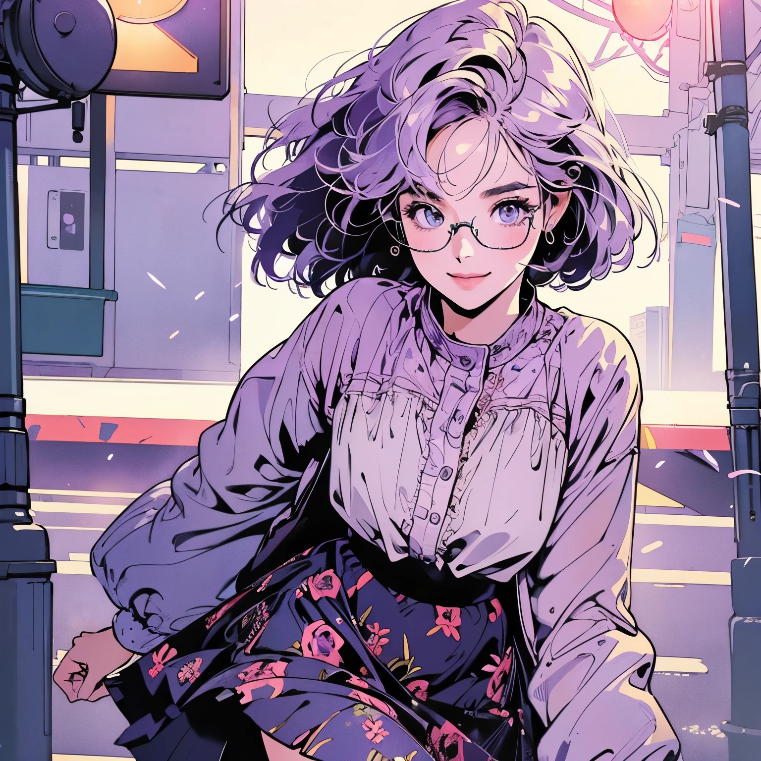 whole body、Kind Face、1 pretty woman、4k、Pattern、blouse、skirt、pedestrian crossing、Signal 、intersection、Complex background、Detailed Hair、smile、Light purple hair、Faint lighting、There is movement、Wearing glasses、Short Hair