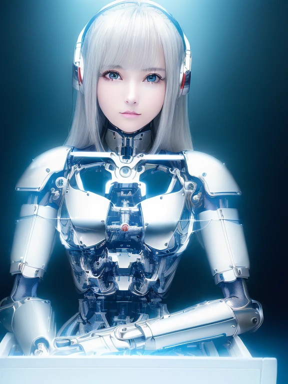 ((masutepiece)), ((top-quality), high quarity、ultra-definition, Realistic,  fulcolor 、One beautiful robot woman、Joints of machines、Frame of the machine、Thick wire joints、White porcelain mechanical armor、(Curvaceous face)、deadpan、straight haired、((Electronic substrate))、Sit in the box of the machine、facing back
