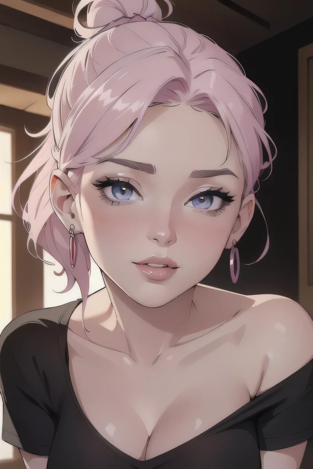 (best quality,4k,8k,highres,masterpiece:1.2), ultra-detailed, realistic:1.37, beautiful detailed eyes, beautiful detailed lips, extremely detailed eyes and face, long eyelashes, seductive gaze, pale skin turning pink, smile on her lips, messy bun hair tied in a black hairband, sexy woman with an alluring look, wearing alluring earrings, black v-neck t-shirt emphasizing her neck, captivating demeanor, enchanting expression, tempting charm, captivating beauty, elegance, seductive pose, beguiling presence.