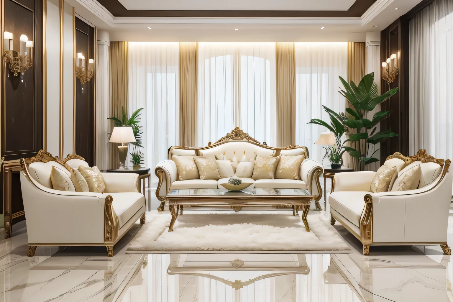Luxurious living room with beauty sofa, Clear glass coffee table with white marble floor and plants, realistic, inspirational, extremely realistic.modern,Beige tone,Warmth