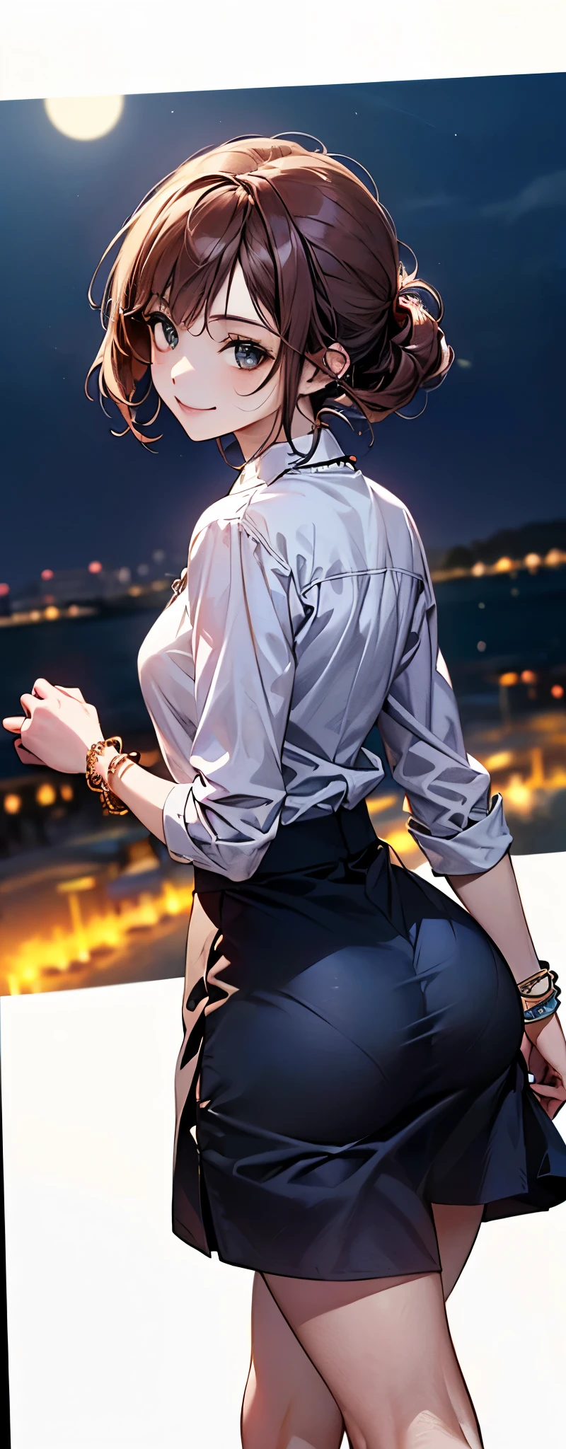 ((Biologically correct limb count))、(( whole body including face))、4K、Masterpiece、((Focus on the face))、((Symmetrical, well-proportioned facial features))、Eyes with delicate depictions、(((1 person)))、Beautiful woman、Outstanding style、Slender Body、、((Red Army Uniform、shirt、Checked Skirt,(High heels with anklets)))、(((coastal)))、(Smiling and smiling)、(A close-up photo of the upper body from behind)、High angle、Photos with a white border around them、night、Walking posture、