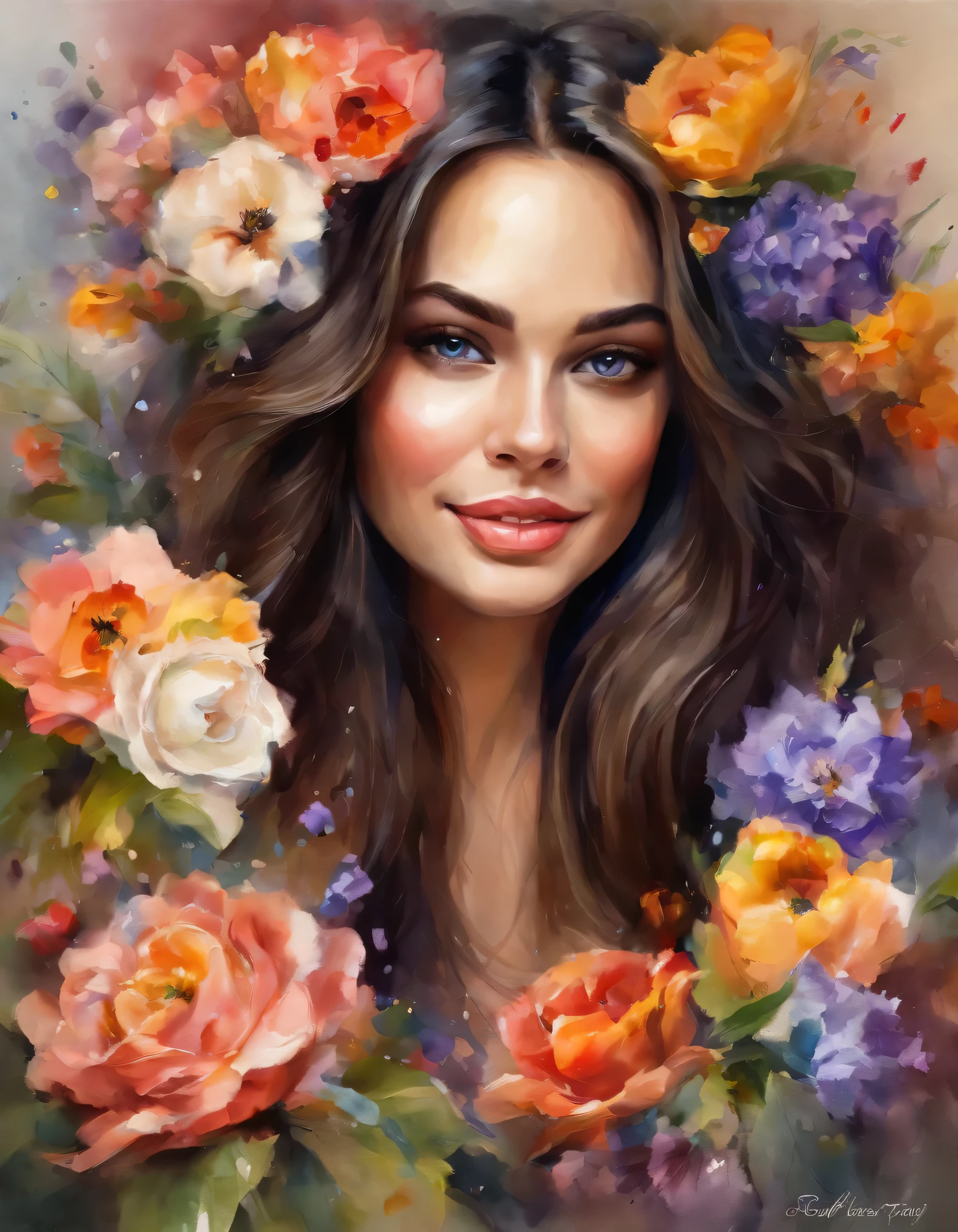 A beautiful young girl with long dark hair, holding a birthday gift box, surrounded by large colorful flowers, confetti, and a jagged edge frame, (best quality,4k,8k,highres,masterpiece:1.2),ultra-detailed,(realistic,photorealistic,photo-realistic:1.37),portrait,fantasy,vibrant colors,dynamic lighting,intricate details