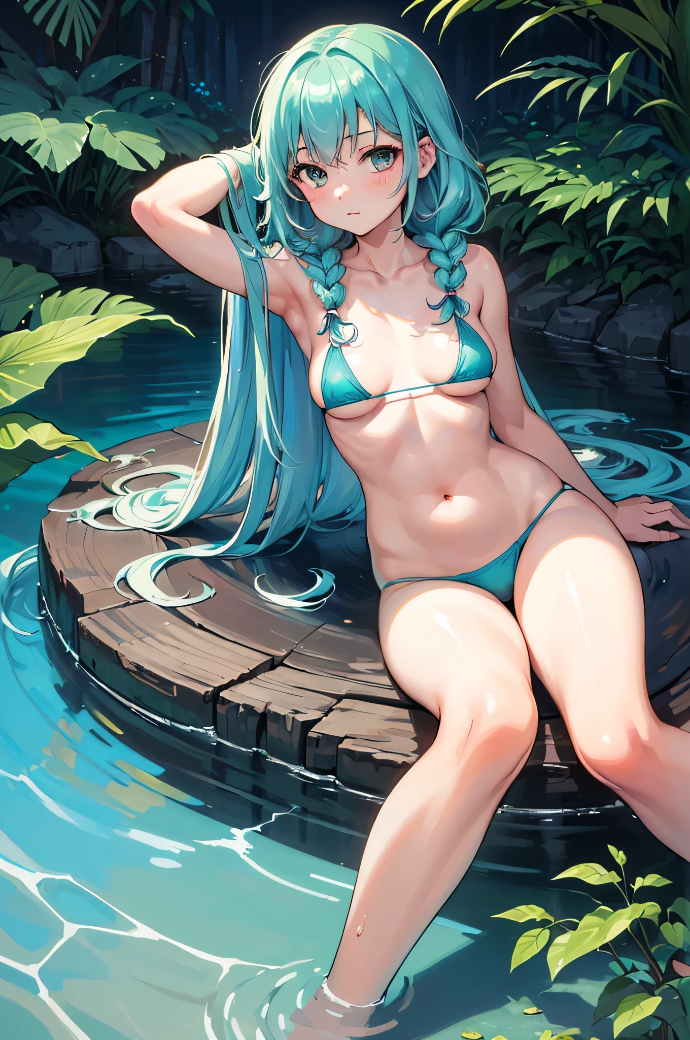 All realistic intricate details: "(medium shot, (1 girl only), Aqua COLOR hair, blush, measurements 91 60 90, (mischievous expression), sitting near a cenote, clavicle, arcane, Micro Bikini, twin braids, dynamic poses, Side and natural lighting, In the background, a cenote in the middle of the jungle, (image captured with: Canon EOS R50 camera with Canon R50 RF-S 18-45mm IS STM lens))"