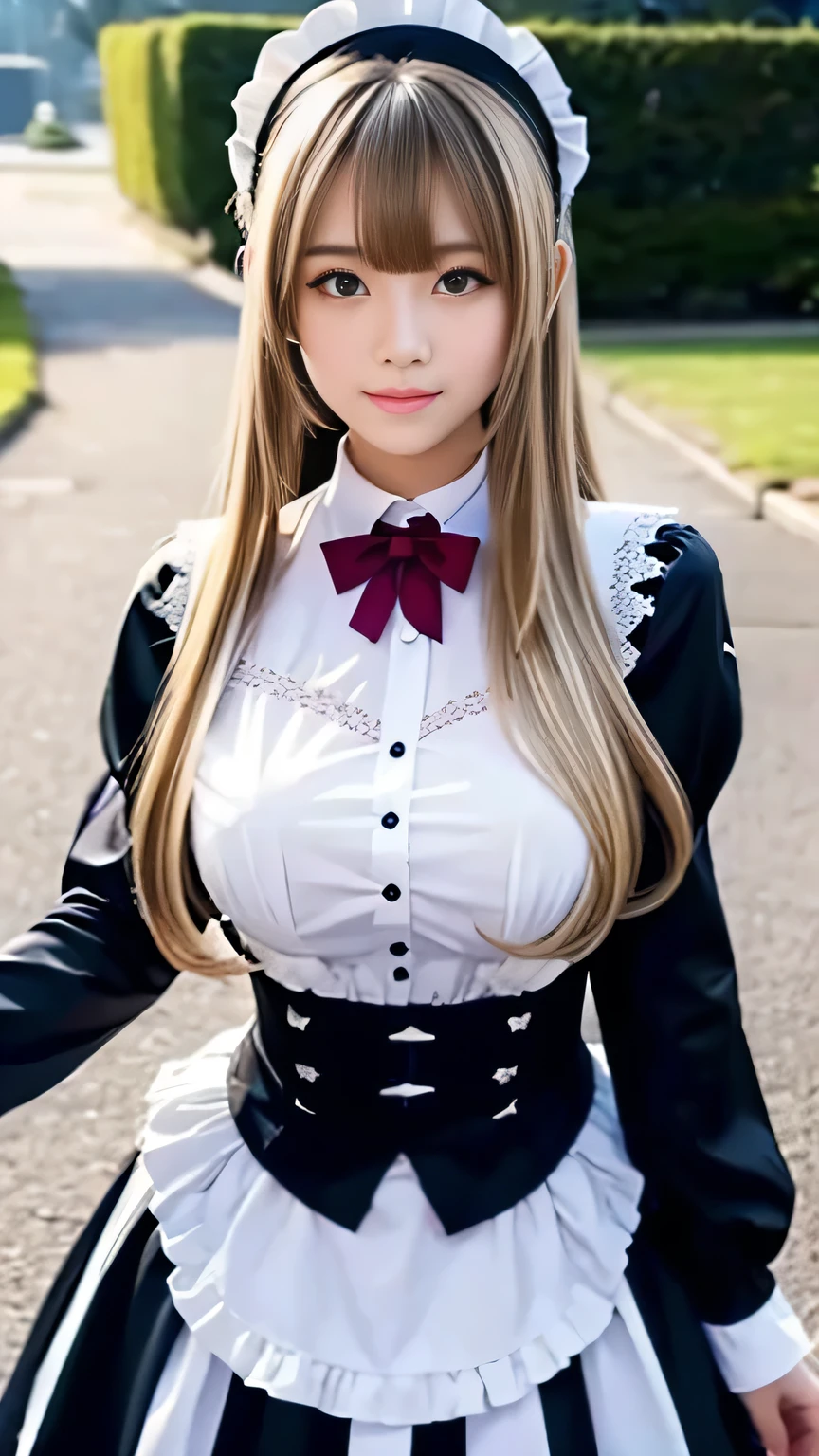 Sexy Big 、A cute 15-year-old girl with a sexy and cute look, beautiful and sexy face、A strong wind blows my hair in front of my face、With straight blonde hair、beautiful, Cute and sexy eyes hidden behind long bangs、Sexy maid outfit