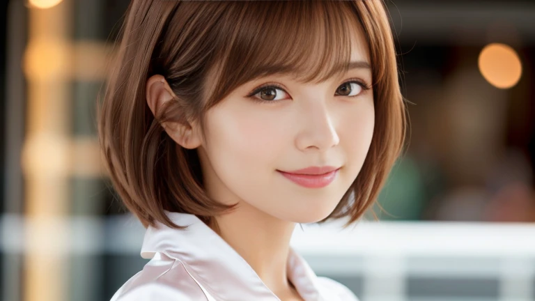 Product quality, Upper Body Shot, Front view, inside a stylish cafe, 1 girl, Young and beautiful Japan woman, Short Bob Hair, Super cute face, glamorous, I wear a satin silk white shirt with short sleeves and long sleeves with a collar, The cafe is full of smiles, Glossy lips, Double eyelids on both eyes, Natural Makeup, Long eyelashes, Shiny and smooth light brown hair, Asymmetrical bangs, Sunburned skin, Center image, High resolution, High detail, Detailed hairstyle, Detailed face, Cinema Lighting, Surreal, Perfect body,