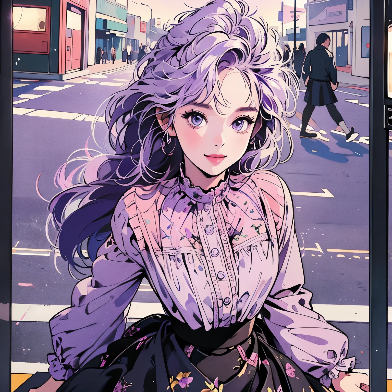 whole body、Kind Face、1 pretty woman、4k、Pattern、blouse、skirt、pedestrian crossing、Signal 、intersection、Complex background、Detailed Hair、smile、Light purple hair、Faint lighting、There is movement