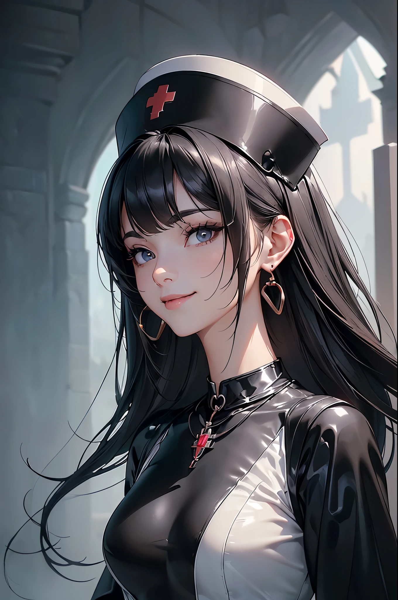 ((Biologically correct limb count))、((Full Body Shot, Full-body photo including face、Head to toe photos))、4K、masterpiece、((Focus on the face))、((Symmetrical facial features))、Eyes of meticulous depiction、Beautiful woman、Excellent style、Beautiful feet、(Black Stockings、High heels with anklets)、Detailed depiction of the face、Small earrings、necklace、((Close-up photo of the upper body))、(black latex shirt、Latex skirt、Nurse uniform)、Scenery of the old castle、(Low - Angle)、(smile)、((Thick morning fog all around)、I can't see anything around me)、