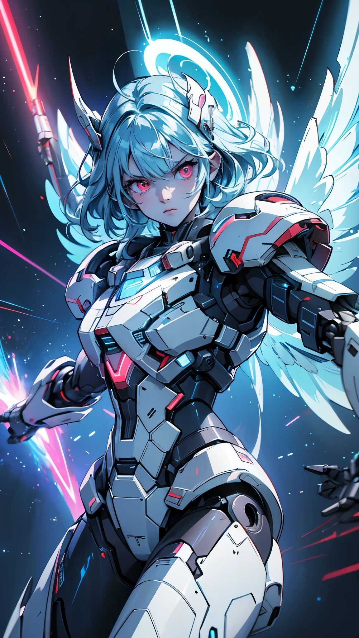 Young Female, Light Blue Hair, Neon Glowing Red Eye, Mechanical Wing, Neon Light, Beam Cannon, Rainbow Aura Body, Supernova Power, White Blue Mechanical Armor, Space War Background, Sad Emotion Mood, Fighting Stance, Anime, Masterpiece.