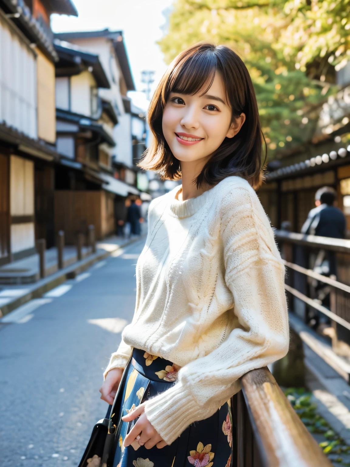 masutepiece, Best Quality, Illustration, Ultra-detailed, finely detail, hight resolution, 8K Wallpaper, Perfect dynamic composition, Beautiful detailed eyes, Medium Hair, Natural Color Lip, Random Poses, Smile, Kyoto Street Walk, 20 years girl, Beautiful Women, Japanese pattern sweater and Japanese pattern skirt, Slimed, A slender, Model body type,