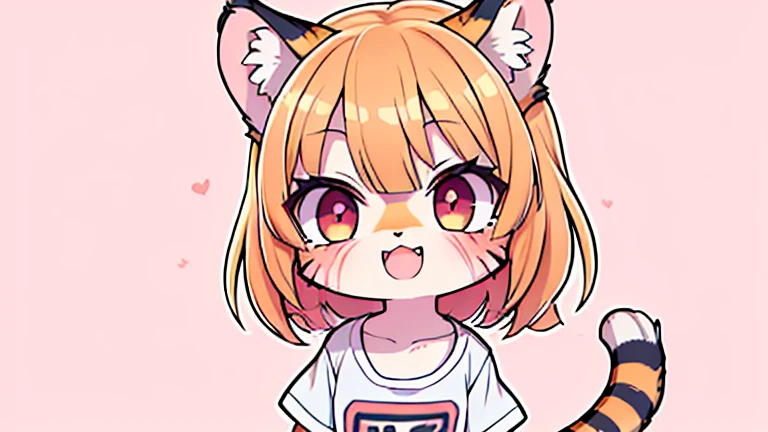 (obra maestra, Alta calidad, mejor calidad, 8K, high resolution), ((estilo chibii, Chibi lindo)), (solo, 1 girl), {Tiger Girl, cara de tigre, 2 colmillos, long eyelashes, delineador de ojos} {bigotes de tigre}, (((Piel de tigre por todo el cuerpo., Rayas de tigre en el cuerpo.))), (pelo naranja), cabello corto, Pinza para el cabello, [[Pinza para el cabello white flower on hair]], ((Muy feliz)), ((boca abierta)), ojos naranjas, [pupilas negras], ((buscando)), (very small breasts), brazos delgados, (un brazo arriba, un brazo hacia abajo), axilas, ((mini camiseta rosa, camiseta rosa completa)), {shorts blancos}, {{{mini cola de tigre, Cola en la espalda}}}, (cuerpo completo), (((de pie, jump angle))), dynamic pose, Fondo blanco, fondo sencillo, ((((Estilo Tora-chan no Hanayome)))), (old anime style 40s), estilo animado, anime color.