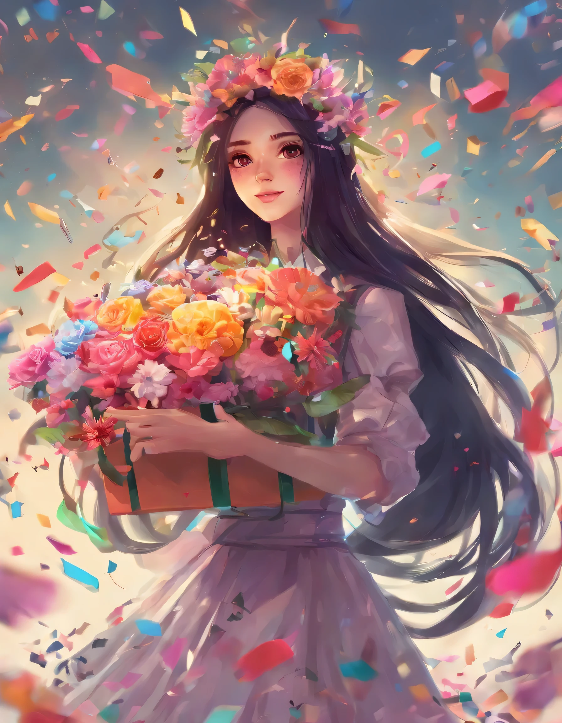 A beautiful young girl with long dark hair, holding a birthday gift box, surrounded by large colorful flowers, confetti, and a jagged edge frame, (best quality,4k,8k,highres,masterpiece:1.2),ultra-detailed,(realistic,photorealistic,photo-realistic:1.37),portrait,fantasy,vibrant colors,dynamic lighting,intricate details