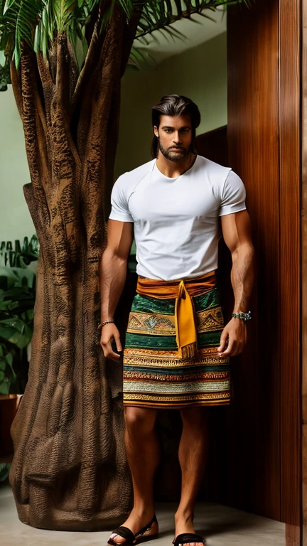 Tall, handsome, strong, long brown hair tied in a braid, wearing an Olmec design loincloth, leather sandals, white cotton t-shirt with green Aztec design with gold, standing in front of the lobby of a hotel named Xietzantli on the wall behind a desk there is a large tree with a waterfall coming out of its trunk.