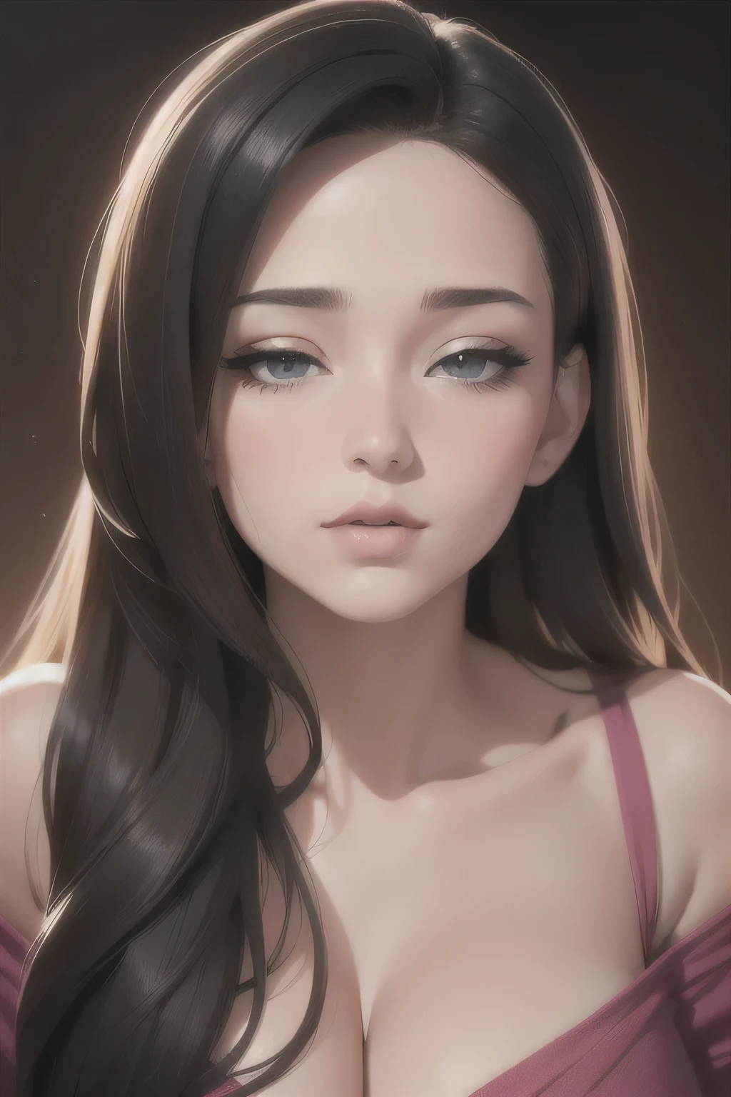 (best quality, highres, ultra-detailed:1.2), (beautiful, stunning, breathtaking) portrait, (gorgeous, mesmerizing, captivating) sexy woman with a (striking, flawless) face, (long, flowing) black wavy hair cascading down her shoulders, featuring a (prominent, elegant) big forehead and (charming, alluring) seductive eyes. Her eyes are (beautifully detailed, mesmerizingly intense), with (sparkling, vibrant) color and (long, thick) eyelashes that frame them perfectly. Her nose is of medium size, adding to her overall attractiveness. The focal point of her face is her (plump, luscious) lips, which are (voluptuous, kissable) and commanding attention. Adding a touch of romance to her fair glowing skin, she has a deep pink blush on her cheeks, which enhances her natural beauty.
She is wearing a pink oversized off-shoulder t-shirt, revealing her bare shoulders, exuding elegance and femininity. The t-shirt highlights her medium-sized chest, with a subtle hint of cleavage, adding a hint of allure to the composition.
The image quality is of the highest standard, featuring (best quality, high-resolution, ultra-detailed) rendering to capture every intricate detail. The final result is (realistic, photorealistic:1.37), bringing the artwork to life, as if it could jump off the canvas. The lighting is softly focused, illuminating her face and emphasizing the depth and dimension of the overall composition.
The artwork beautifully embodies a portrait stylized in a (classic, traditional) fashion, capturing the essence of timeless beauty. The color palette leans towards soft, feminine tones, with a delicate mix of pinks and neutrals, creating an atmosphere of elegance and sophistication. The lighting, with a gentle glow, adds a touch of warmth and intimacy to the scene, enhancing the overall ambiance.
