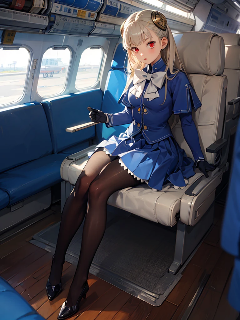 masterpiece, best quality, 1 girl, solo, 25 years old, small breasts, ingridms, hairpods, gloves, skirt, pantyhose, bow, dress, airplane interior, black pantyhose, sit, full body,