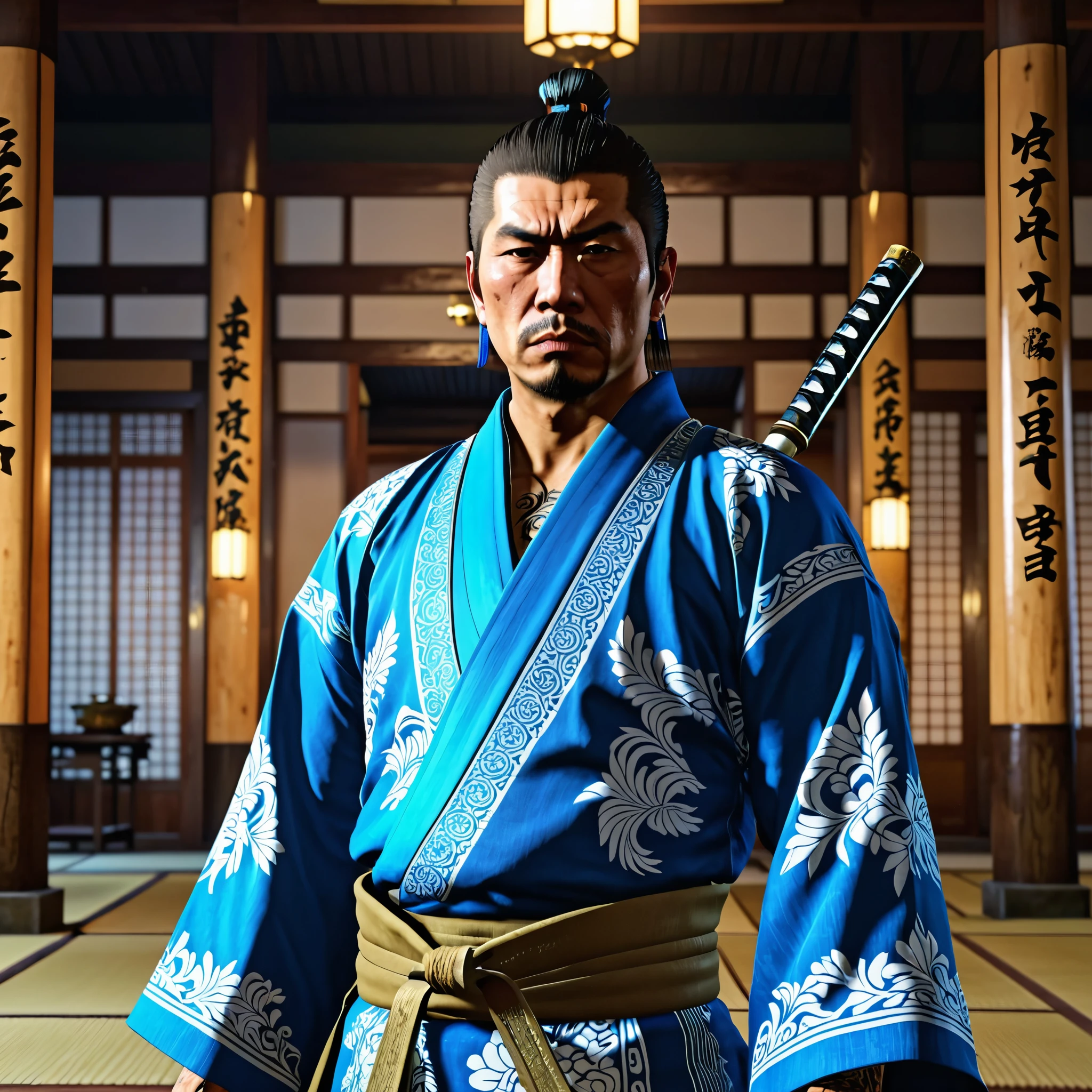 A Japanese yakuza dressed in phosphorescent blue with traditional clothing and a katana on his back ,In a classical Japanese temple ,style grand theft auto, HD PORTRAIT