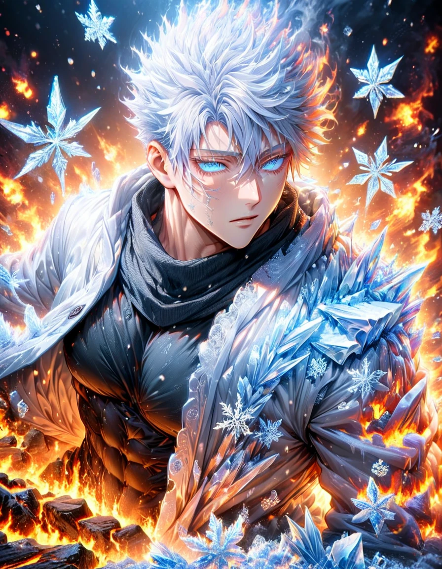 (absurdres, highres, ultra detailed, HDR) master piece, best quality, delicate features, Gojo Satoru, white hair, with bangs, hair between the eyes, expressive blue eyes, white eyelashes, Jujutsu Kaisen, solo, sexy man, handsome, toned chest, white haori, black tight shirt, black scarf, patterns, magical fantasy, ice butterflies, glittering, sparkling, winter, snowing, snowflakes, lilies