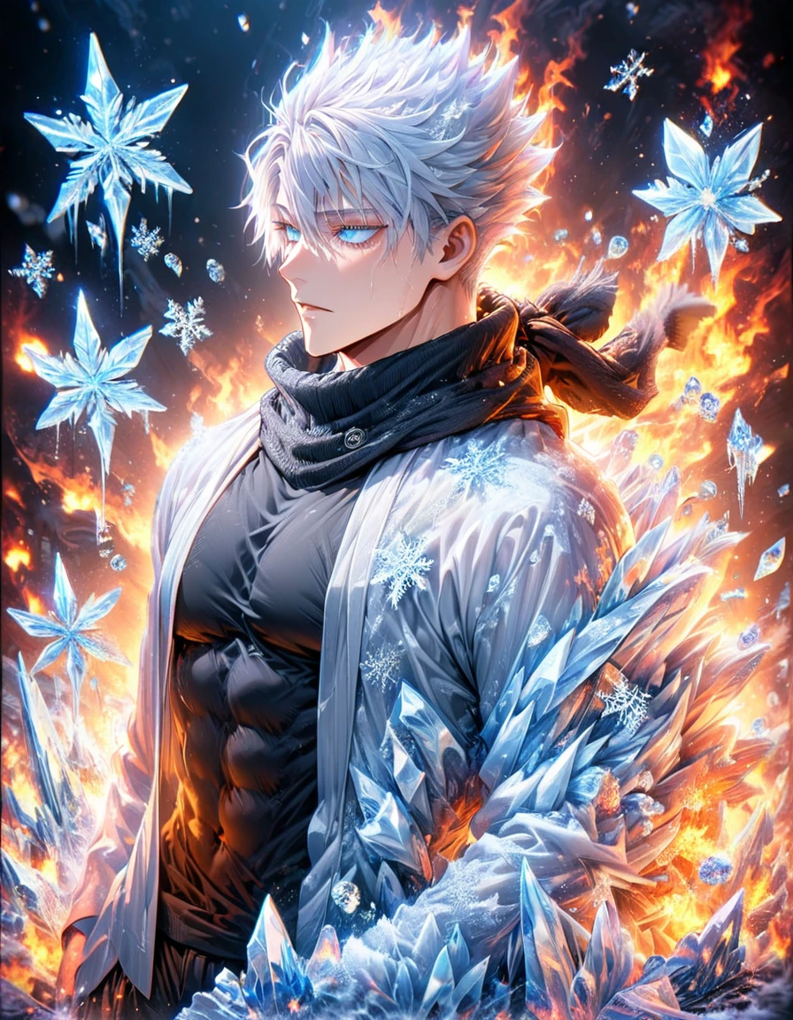 (absurdres, highres, ultra detailed, HDR) master piece, best quality, delicate features, Gojo Satoru, white hair, with bangs, hair between the eyes, expressive blue eyes, white eyelashes, Jujutsu Kaisen, solo, sexy man, handsome, toned chest, white haori, black tight shirt, black scarf, patterns, magical fantasy, ice butterflies, glittering, sparkling, winter, snowing, snowflakes, lilies