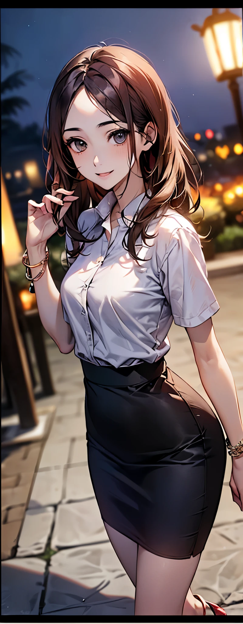 ((Biologically correct limb count))、(( whole body including face))、4K、Masterpiece、((Focus on the face))、((Symmetrical, well-proportioned facial features))、Eyes with delicate depictions、(((1 person)))、Beautiful woman、Outstanding style、Slender Body、、((Red Army Uniform、shirt、Checked Skirt,(High heels with anklets)))、(((coastal)))、(Smiling and smiling)、(A close-up photo of the upper body from behind)、High angle、Photos with a white border around them、night、Walking posture、