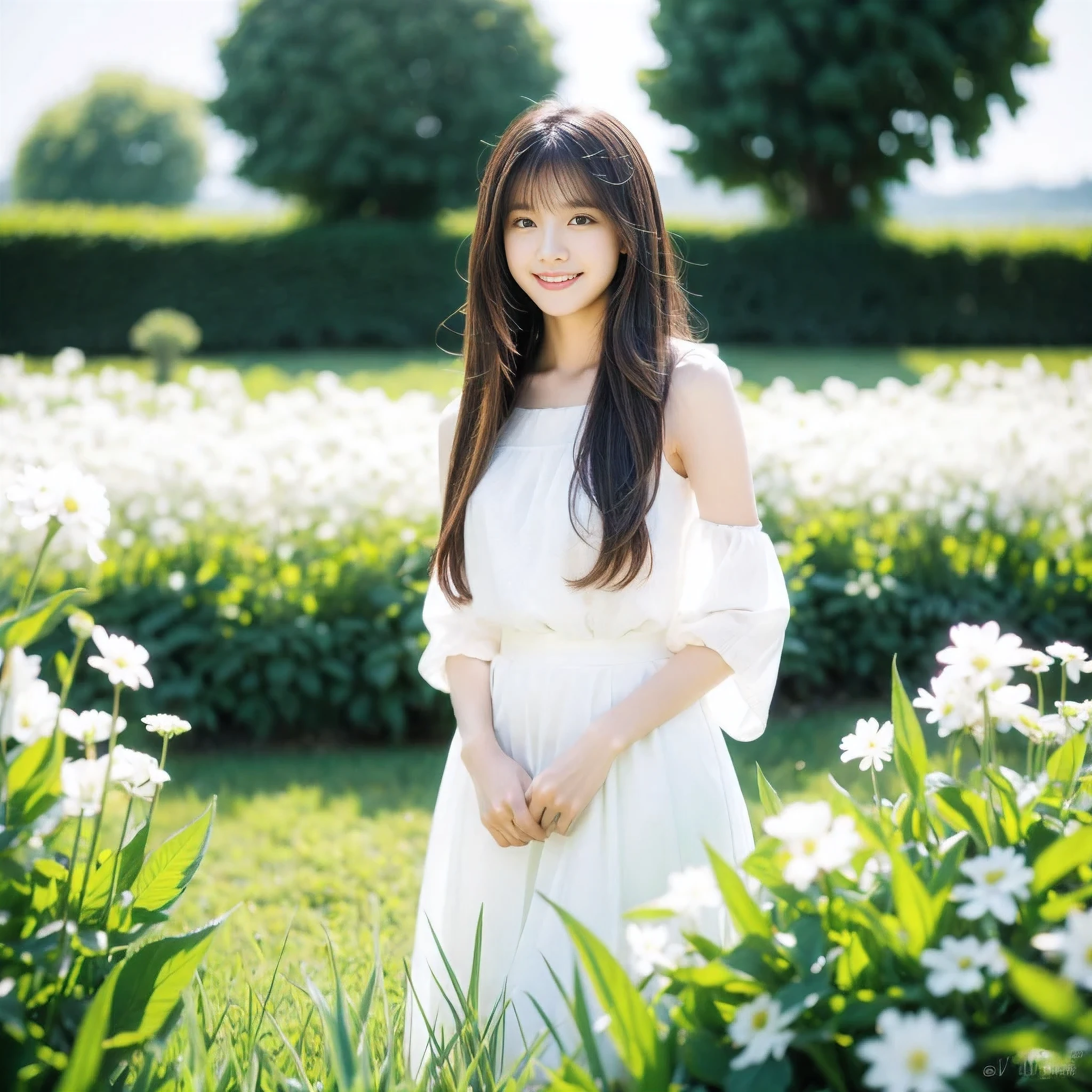 masterpiece, best quality, Ultra-high resolution, detailed illustration, portrait, detailed, 1 girl standing in a wheat field, Solitary, Long hair, skirt, flower, White Hanfu, Smile, whole body, white flower, Bare shoulders, very Long hair, Light green hair, Shut up, For the audience, Bangs,standing in a flower garden There are white flowers all around.
