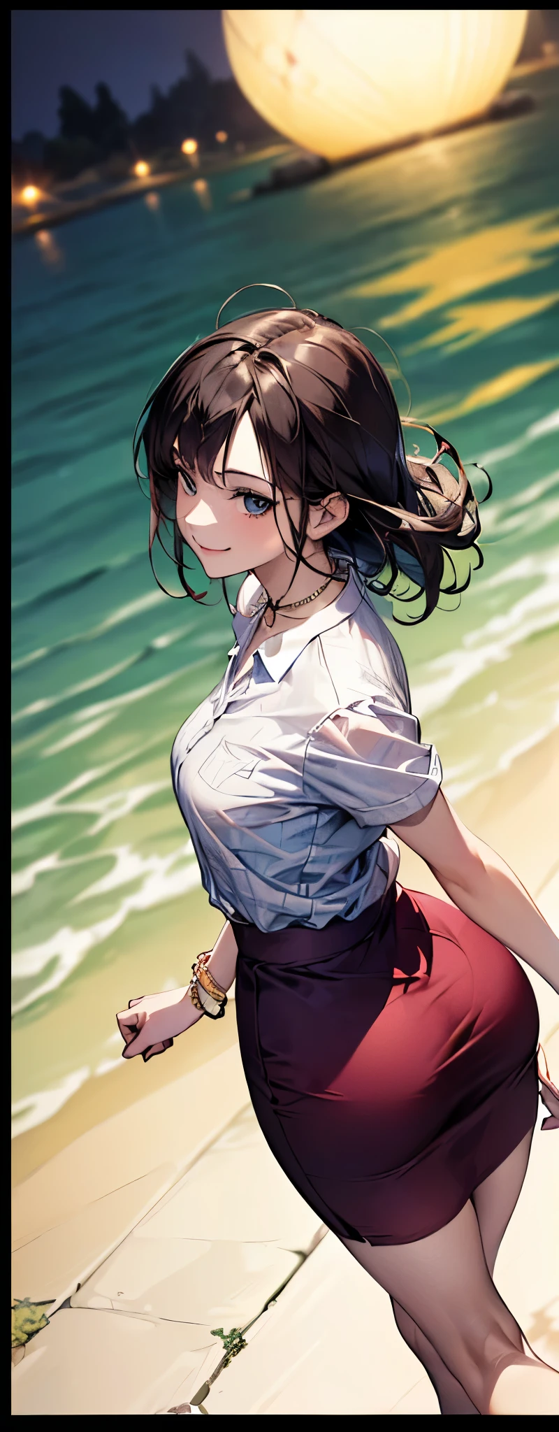 ((Biologically correct limb count))、(( whole body including face))、4K、Masterpiece、((Focus on the face))、((Symmetrical, well-proportioned facial features))、Eyes with delicate depictions、(((1 person)))、Beautiful woman、Outstanding style、Slender Body、、((Red Army Uniform、shirt、Checked Skirt,(High heels with anklets)))、(((coastal)))、(Smiling and smiling)、(A close-up photo of the upper body from behind)、((High angle))、Photos with a white border around them、night、Walking posture、
