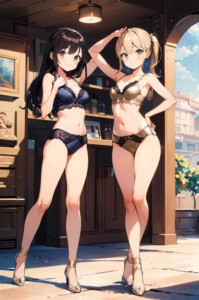 Two Girls, (masterpiece:1.8),(highest quality:1.8),(Very detailed:1.8),(8k:1.8),(Ultra-fine Illustration:1.5),Random hairstyle,Flat Chest,Small Ass,(Random color luxury metallic,,Delicate lace lingerie:1.4),(Pose with a smile:1.5),Walking around the festival,(Full body angle),, 