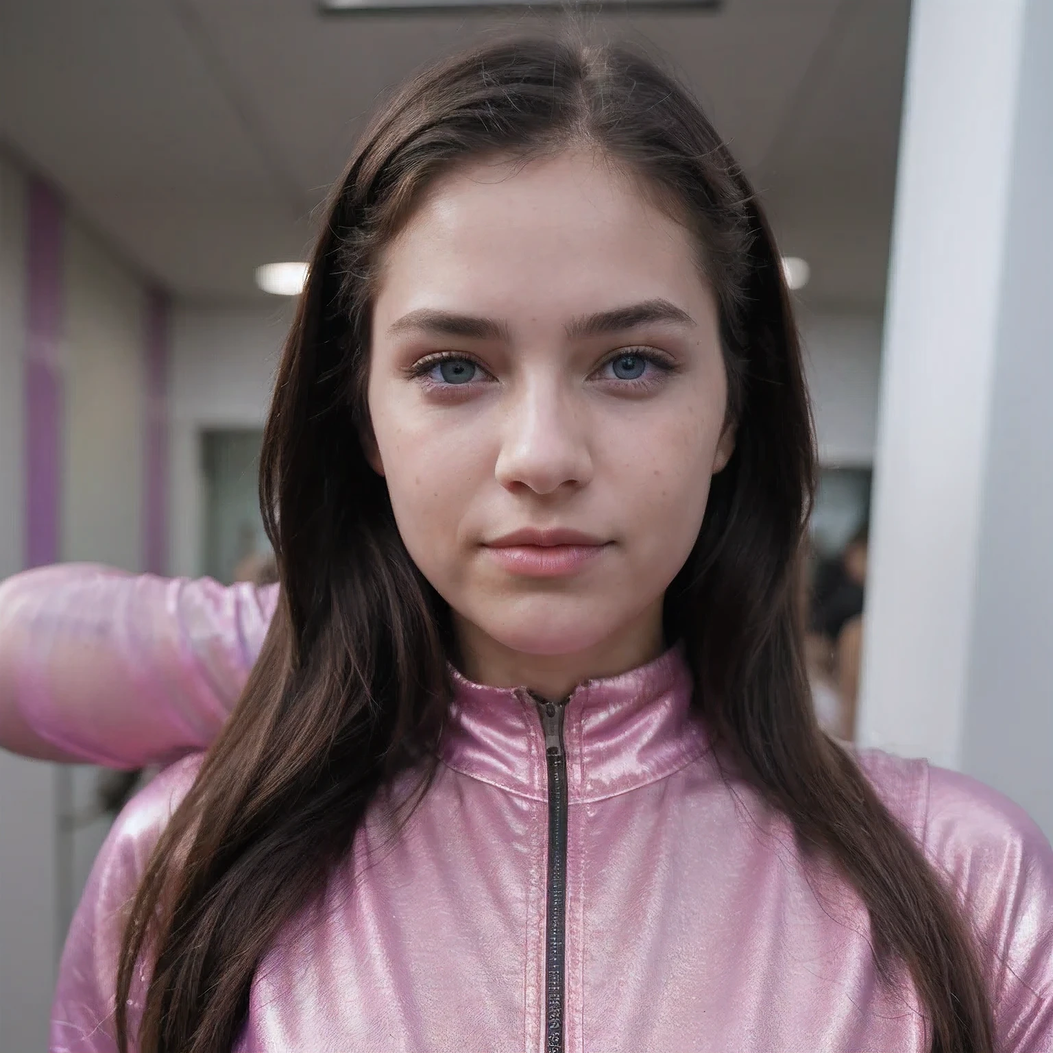 photo of a college student, in Purple Pink, futuristic space suit, (freckles:0.8) cute face, sci-fi, dystopian, detailed eyes, Heterochromia eyes（（watercolor））