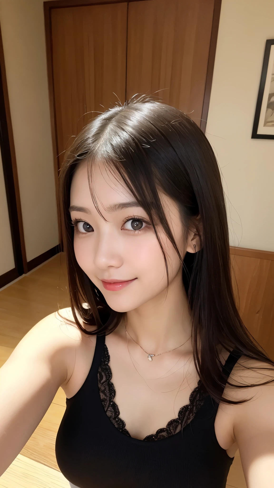 On the table、best quality、Photorealism、Finely、high resolution、8wallpaper、Perfect dynamic posture、Beautiful slender eyes and long hair、(Big plump breasts 1.3)、casual sexy pose、Random situations、Selfie Angle,Close Range,Looking at the camera,(Tight round neck black mesh lace shirt)、、Gentle smile、50 years old、(Perfect Eyes 1.3)、Mature adult beauties、Japanese、