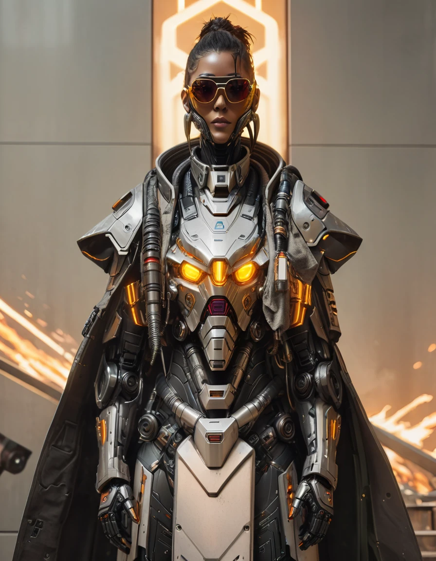 a close up of a robot in a building with a sunglasses on, cyberpunk flame suit, cyberpunk armor, cyberpunk suit, sci - fi suit, intricate cyberpunk armor, cybernetic fire armor, apex legends armor, cyber suit, cybernetic flame armor, clothed in sci-fi military armor, warrior in sci-fi armour, sci - fi armor