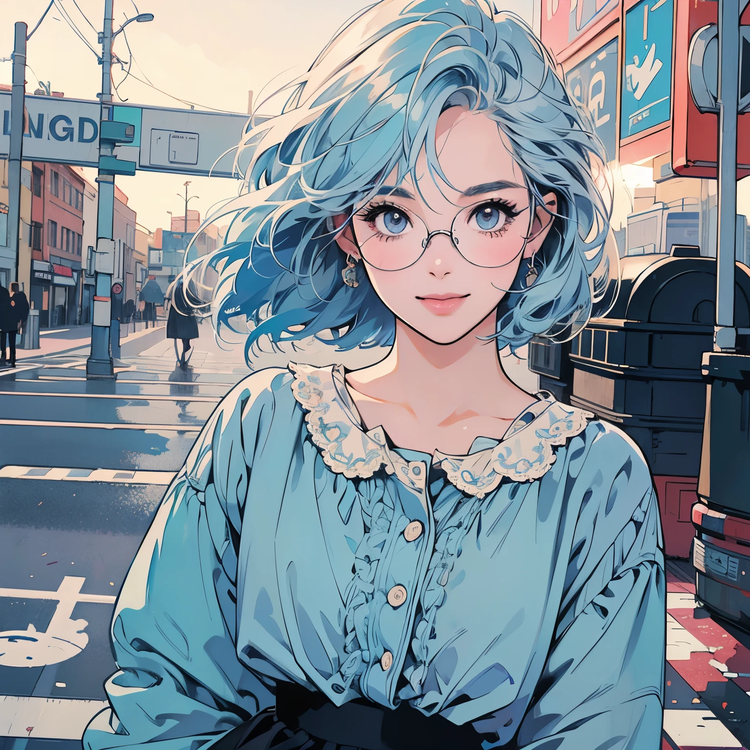 whole body、Kind Face、1 pretty woman、4k、Pattern、blouse、skirt、pedestrian crossing、Signal 、intersection、Complex background、Detailed Hair、smile、Light blue hair、Faint lighting、There is movement、Wearing glasses、Short Hair