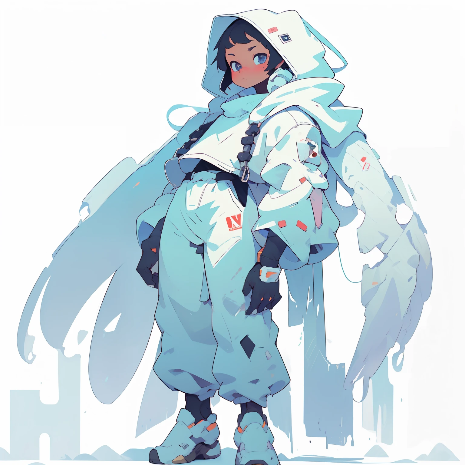 masterpiece, Best Quality, 4K, high resolution, ultra-detailed, High resolution, Ultra HD, sophisticated details, Backlight, ((Full body shot)), ((No background)), ((White background)), boy, cute, chibi, hooded jacket, hoodie, overalls
