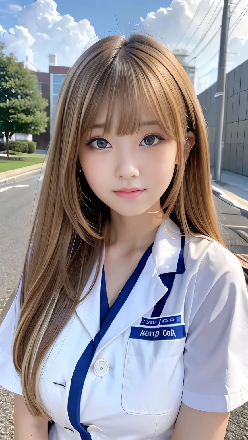 Sexy Big 、A cute -yeld giwith a sexy and cute look, beautiful and sexy face、A strong wind blows my hair in front of my face、With straight blonde hair、beautiful, Cute and sexy eyes hidden behind long bangs、Sexy nurse uniform