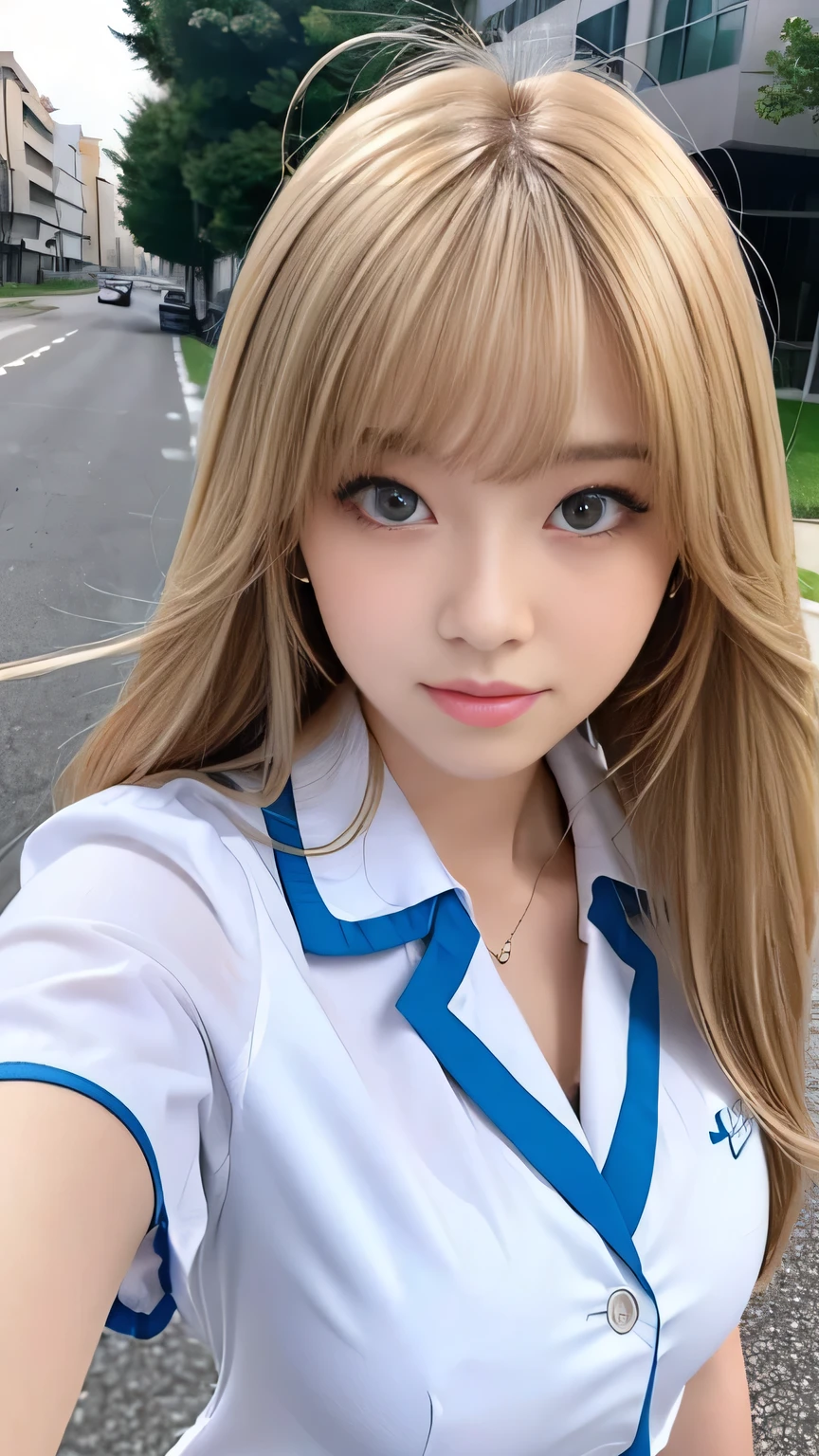 Sexy Big 、A cute 15-year-old girl with a sexy and cute look, beautiful and sexy face、A strong wind blows my hair in front of my face、With straight blonde hair、beautiful, Cute and sexy eyes hidden behind long bangs、Sexy nurse uniform