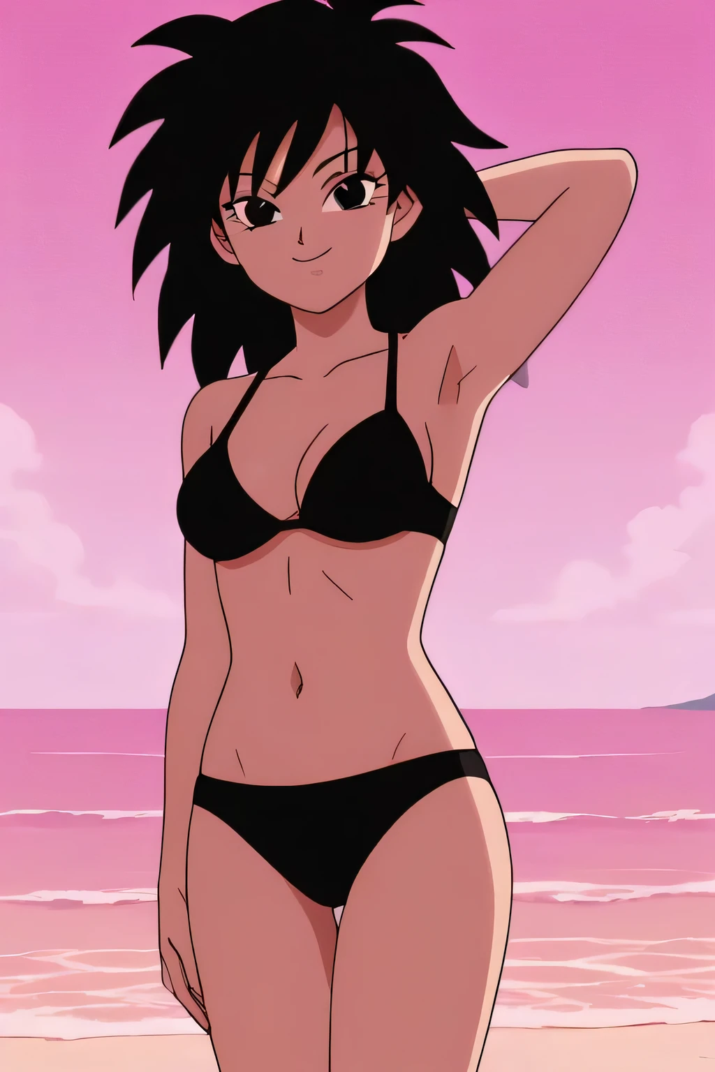 source_anime, score_9,score_8_up, score_7_up, ginedb, anime screencap, 1girl, solo, looking at viewer, smile, medium breasts, black hair, beach, ocean, bare shoulders, medium breasts, smile, standing, arm behind head, cowboy shot, medium hair, black eyes, spiked hair, eyelashes, masterpiece, best quality, very aesthetic, absurdres, black bikinis, black bra, black panty, midriff, blue skies, street, standing, cowboy shot,