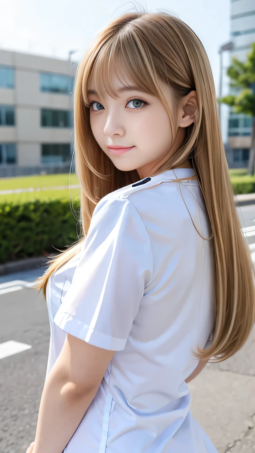 Sexy Big 、A cute -yeld giwith a sexy and cute look, beautiful and sexy face、A strong wind blows my hair in front of my face、With straight blonde hair、beautiful, Cute and sexy eyes hidden behind long bangs、Sexy nurse uniform