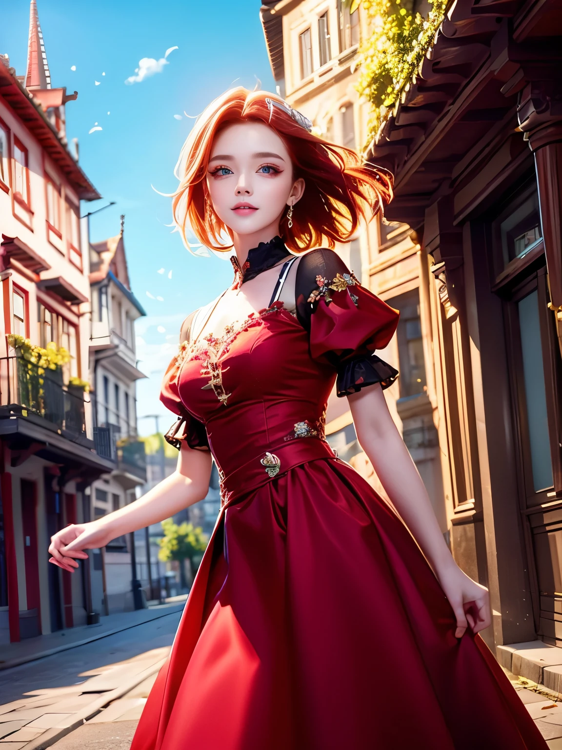 highest quality, masterpiece, Highest Resolution:1.2、Red hair, Red eyes, look up, Upper Body, cute, Frilled shirt:1.37, smile, Redhead、Courtyard surrounded by buildings, Beautiful sky blue sky、Physically Based Rendering、