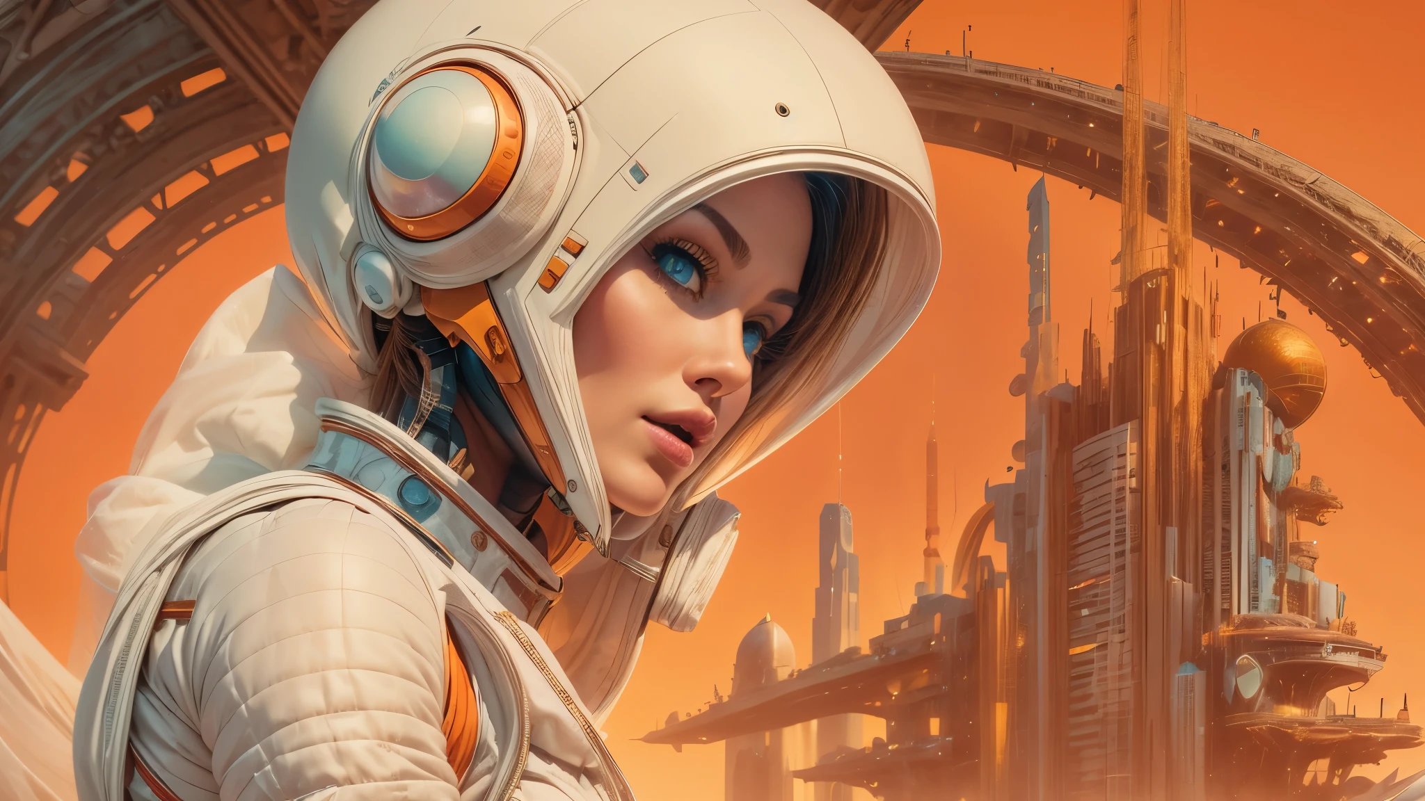 arafed image of a white woman in a futuristic suit with a spaceship in the background, movie art, in front of an orange background, inspired by Robert McGinnis, female protagonist, megastructure in the background, portrait of an ai astronaut, astronauts, an astronaut, portrait of a astronaut skeletor, perfect android girl, detailed eyes, perfectly detailed teeth, frank franzzeta and sakimichan