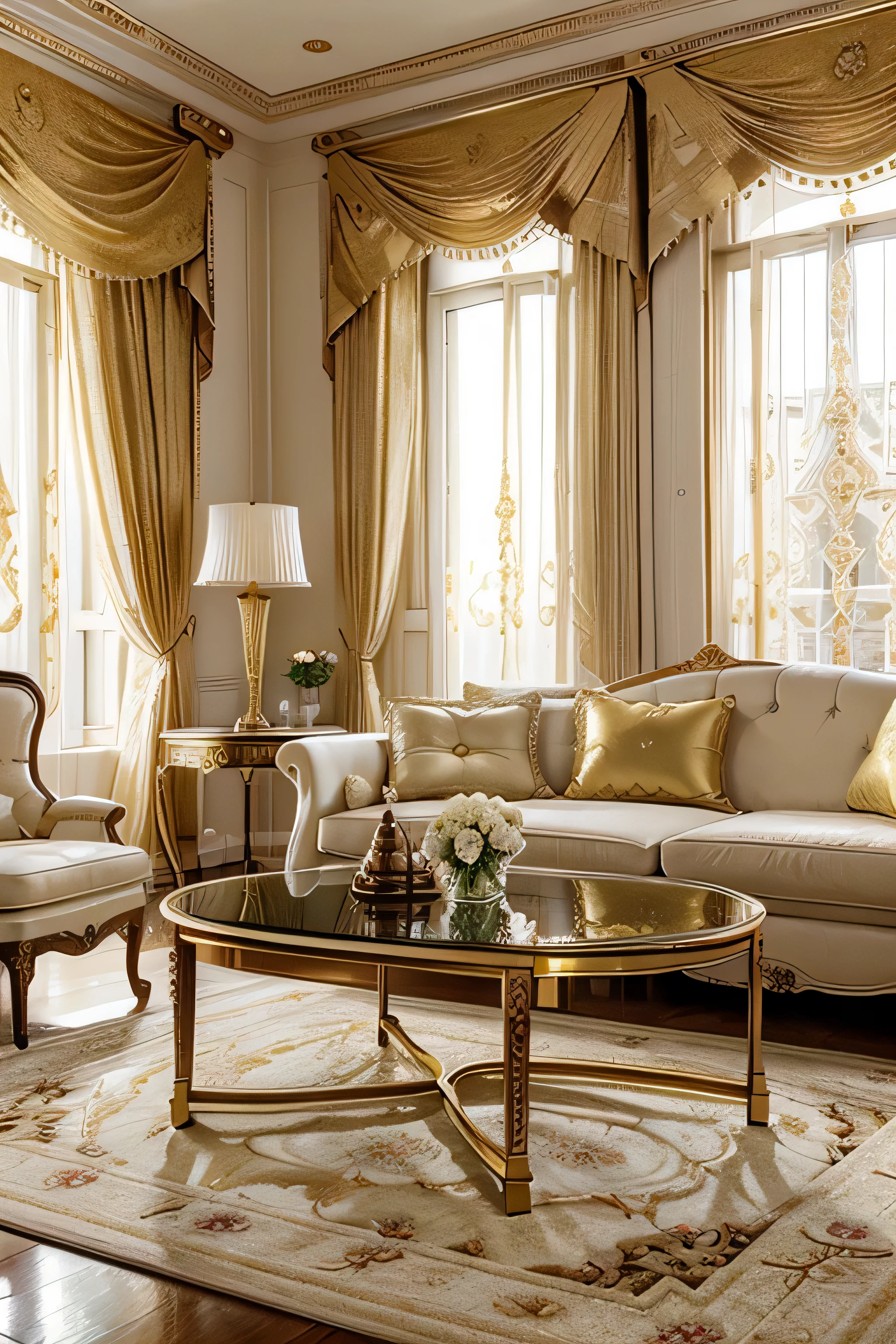 An opulent and spacious living room interior with white and gold furniture, a large gold and glass coffee table, a floral rug, large windows and gold curtains, luxurious details, and a modern design.