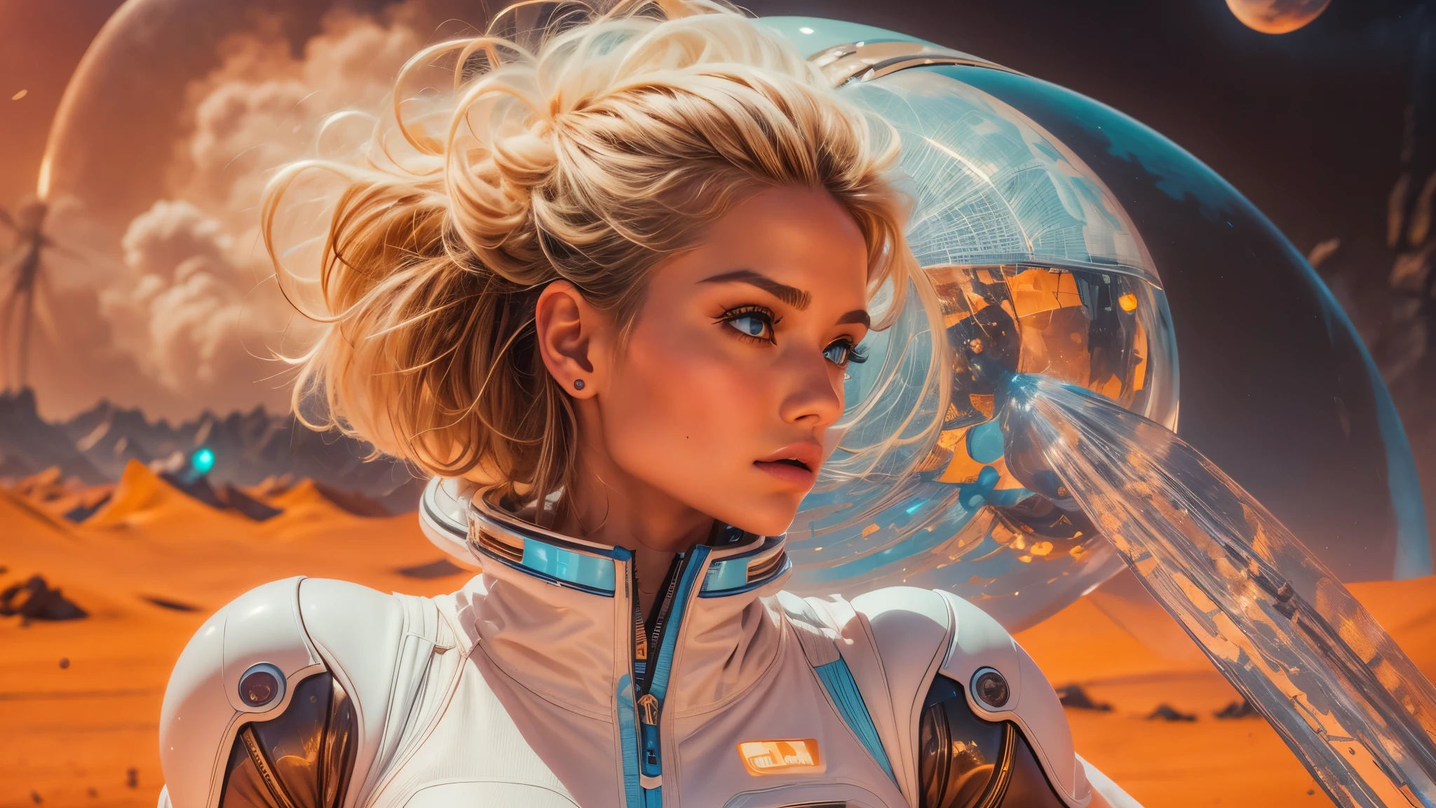 arafed image of a white woman in a futuristic suit with a spaceship in the background, movie art, in front of an orange background, inspired by Robert McGinnis, female protagonist, megastructure in the background, portrait of an ai astronaut, astronauts, an astronaut, portrait of a astronaut skeletor, perfect android girl, detailed eyes, perfectly detailed teeth, frank franzzeta and sakimichan  