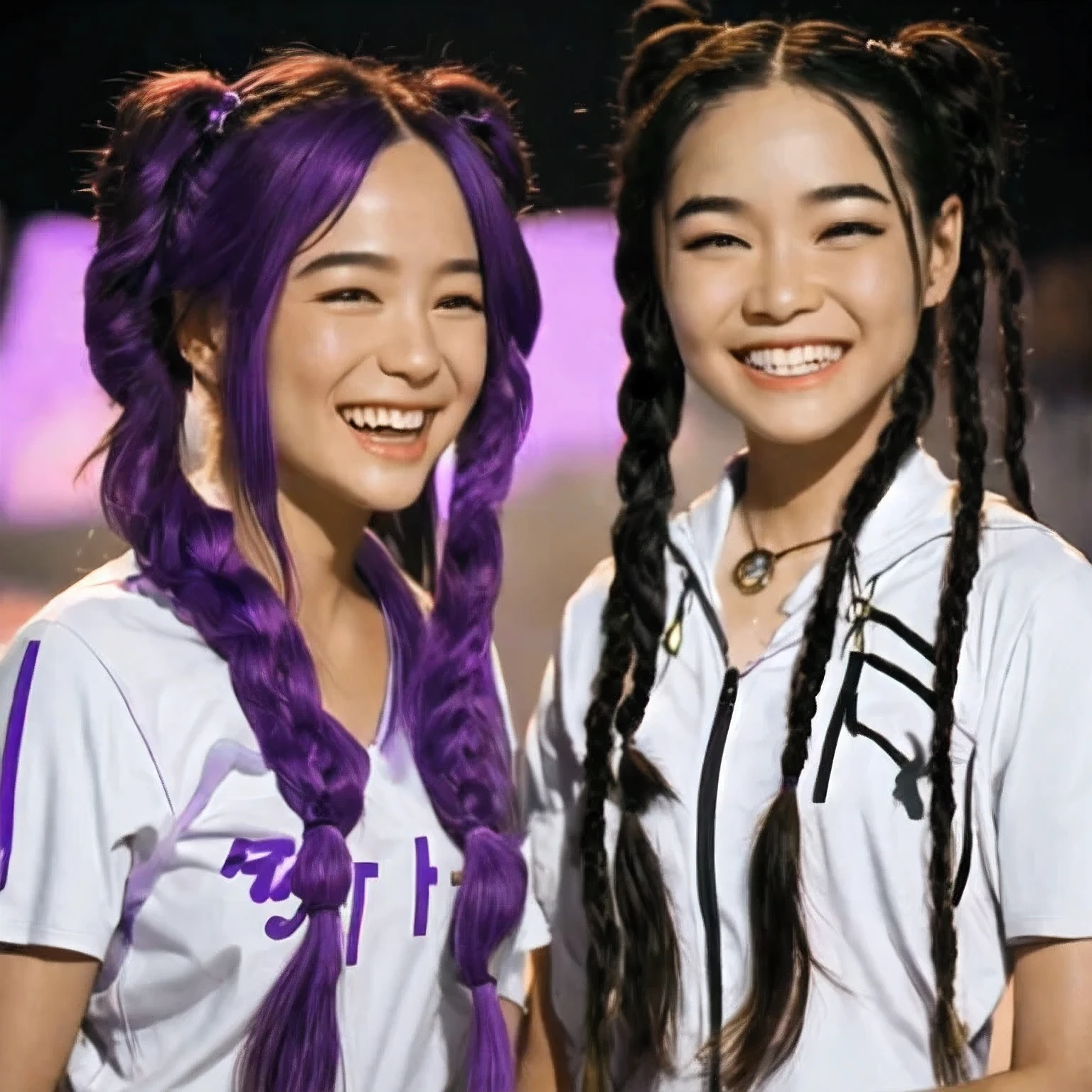 arafed 2 girls with purple hair and a white shirt, long braided purple hair, violet long hair, elegant fantasy style braids, pigtails hairstyle, long light purple hair, long purple hair, purple long hair, long violet hair, purple flowing hair, lavender hair, purple hair, violet hair, lilac hair, flowing purple hair, kawaii hairstyle, purple color,(((2 girls))), solo,araffe 2 girls with long hair and a black top smiling, her face flushing and sweat, she is smiling and excited, staring sofía vergara screaming, she expressing joy, looks a blend of grimes, she is laughing, hito steyerl, so happy that her face hurts, looks like a mix of grimes, she is smiling and happy