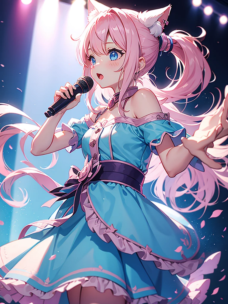 Pale pink hair、ponytail、Cat ear、Light blue eyes、girl、Idol、singing