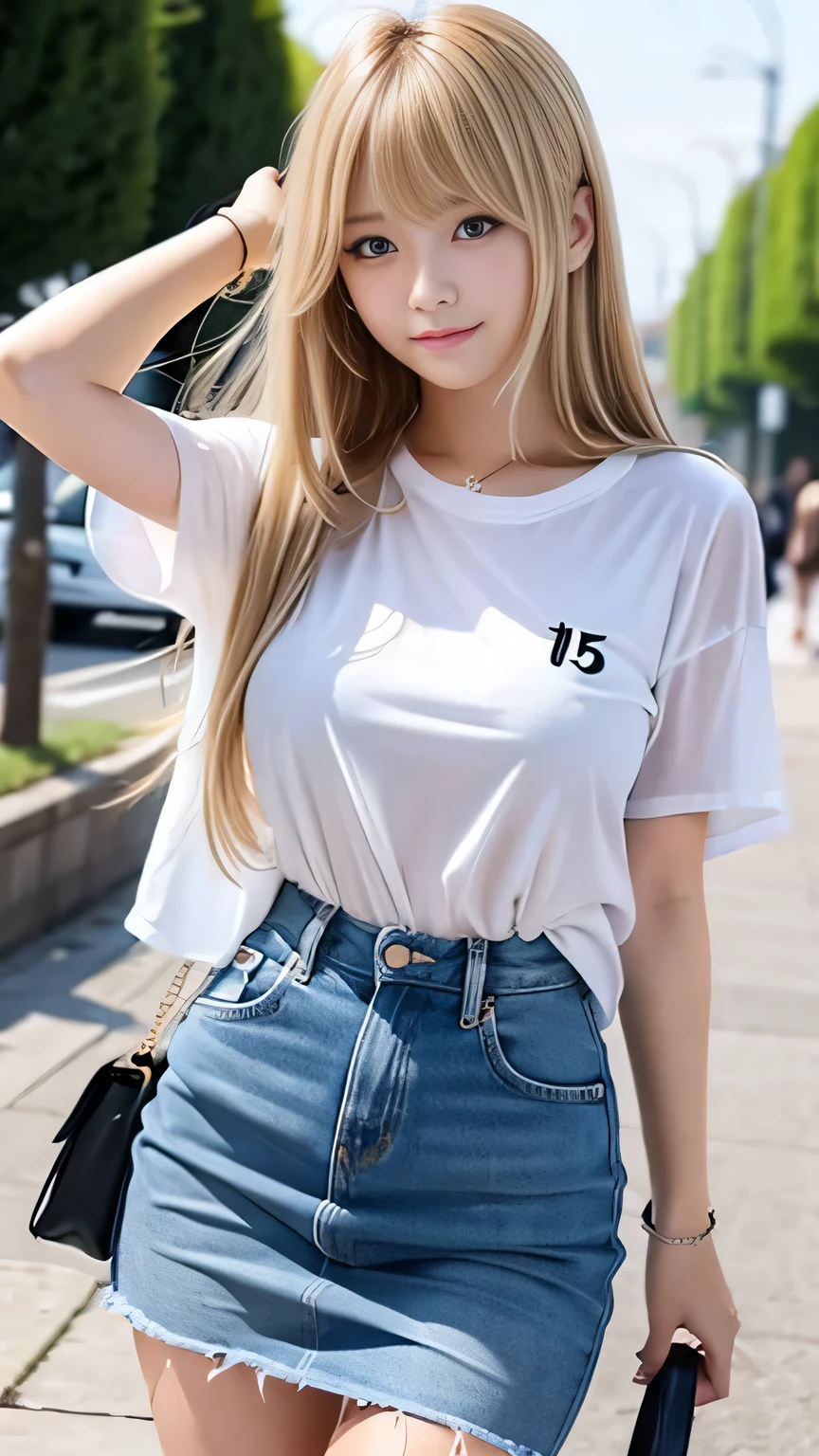 Sexy Big 、A cute 15-year-old girl with a sexy and cute look, beautiful and sexy face、A strong wind blows my hair in front of my face、With straight blonde hair、beautiful, Cute and sexy eyes hidden behind long bangs、Gal outfit coordination