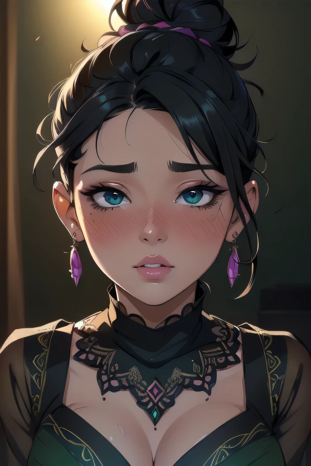 (best quality, highres, ultra-detailed), beautiful detailed eyes, perfect lips, sexy, amazing portrait, messy bun, black hair, amazing makeup, intense blush, flustered, lustful, black blouse, sheer dark green saree, hot, vibrant colors, soft lighting
