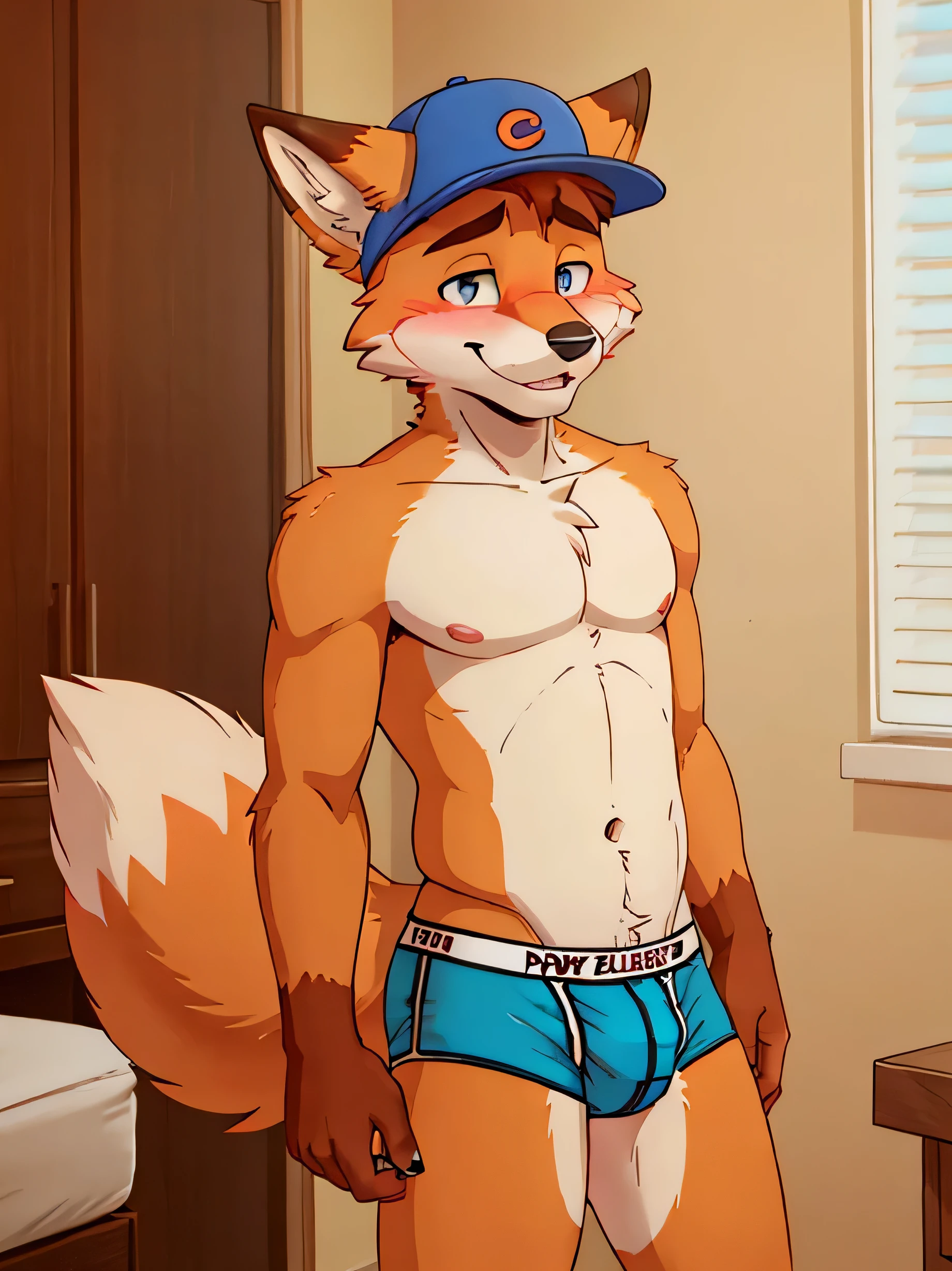 Man,furry,fox,wearing boxers,underwear,without top,wearing hat,blushing,men