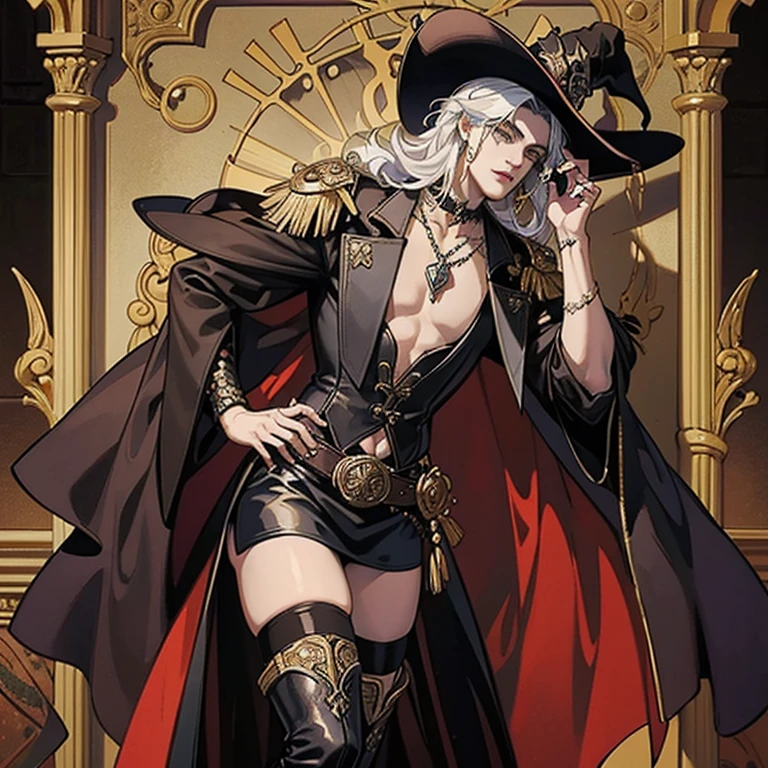 A male “musketeer” in gothic style wearing carnival mask and a big musketeer gothic hat ornamented with jewels he is also wearing open chest blazer showcasing his chest and leather pants and thigh high garter belt boots, he is also wearing a gothic choker with small jewels ornamentimg it, he is elegant,