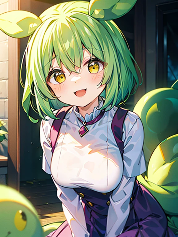 Beautiful girl，Yellow-green hair，Beaver、short hair、Gently droopy eyes，Big ample breasts、uniform，Manga style，Full Color，high school girl，A calm and kind face，Big smile、An innocent smile