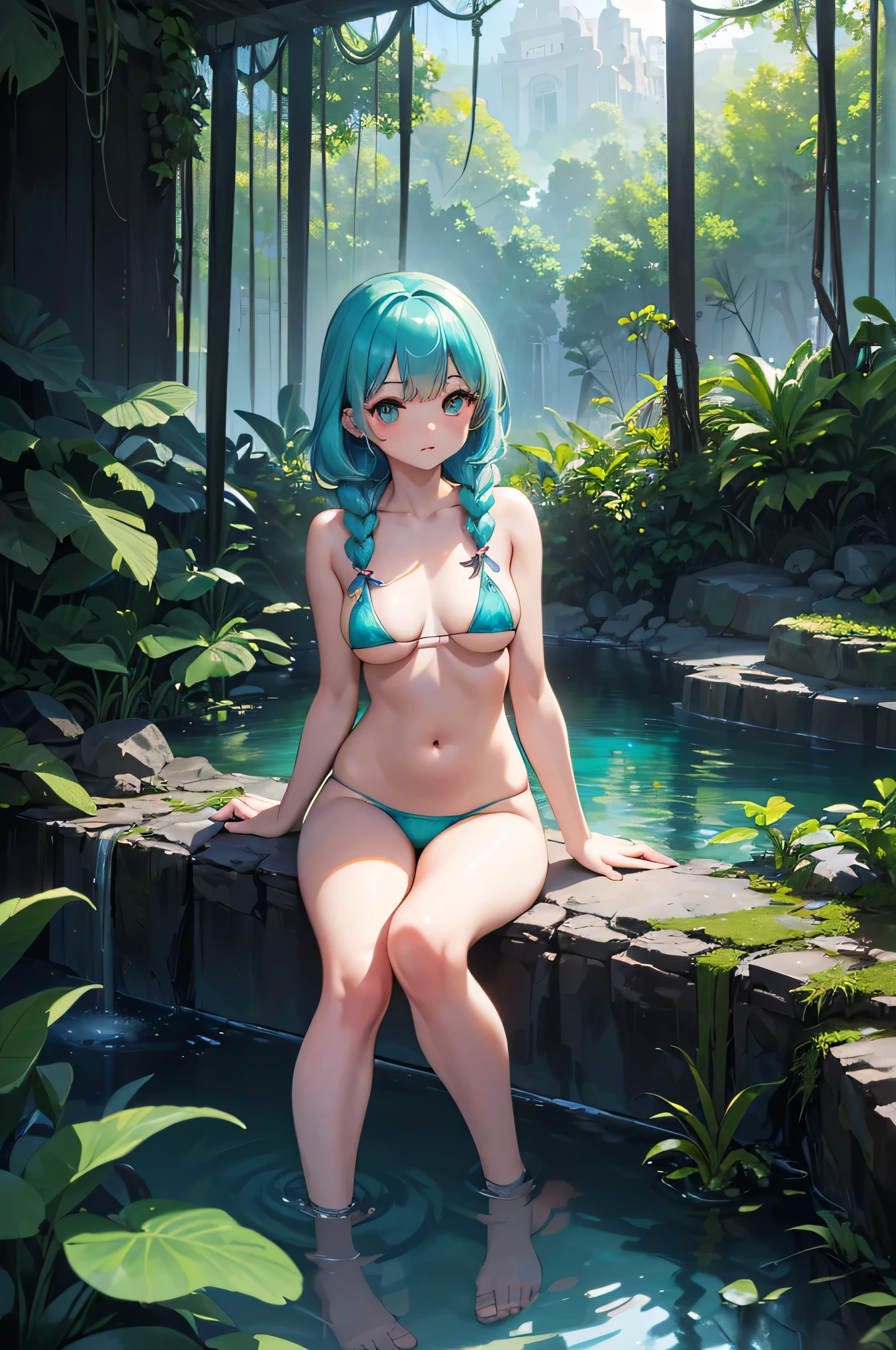 All realistic intricate details: "(medium shot, (1 girl view), Aqua COLOR hair, blush, measurements 91 60 90, (mischievous expression), sitting near a cenote, clavicle, arcane, Micro Bikini, twin braids, big breasts, open legs,dynamic poses, Side and natural lighting, In the background, a cenote in the middle of the jungle, (image captured with: Canon EOS R50 camera with Canon R50 RF-S 18-45mm IS STM lens, random angle shot))"