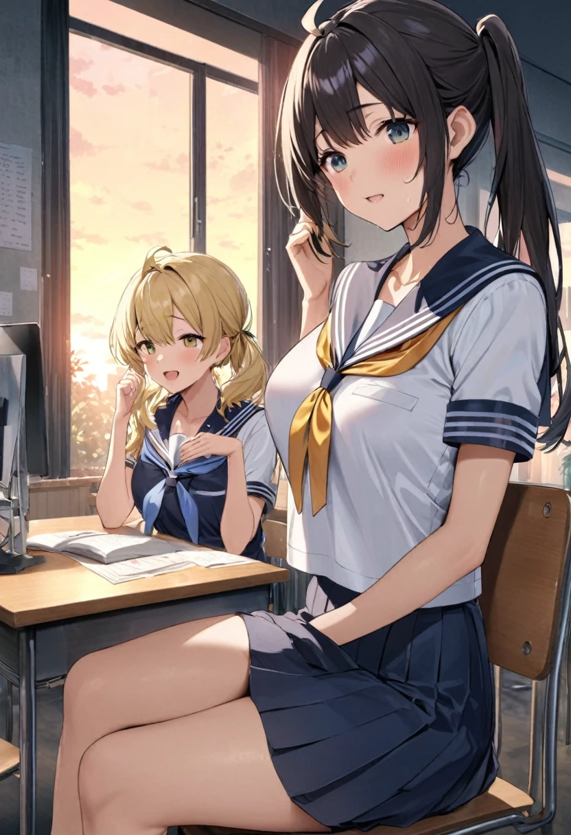 (Highly detailed CG Unity 8k wallpaper,masterpiece, highest quality, Super detailed),School classroom atmosphere,wood々Sunlight shining through the gaps,A beautiful blonde high school girl with twin tails and ahoge(D Cup),Tight tube top t-shirt,Short cut jacket,mini skirt,Dance club activities, Beautiful black-haired ,Skinny and flat chested, Wearing a sailor uniform,Sitting on a chair、He is having a conversation with a blonde girl sitting at a desk.,in the evening.