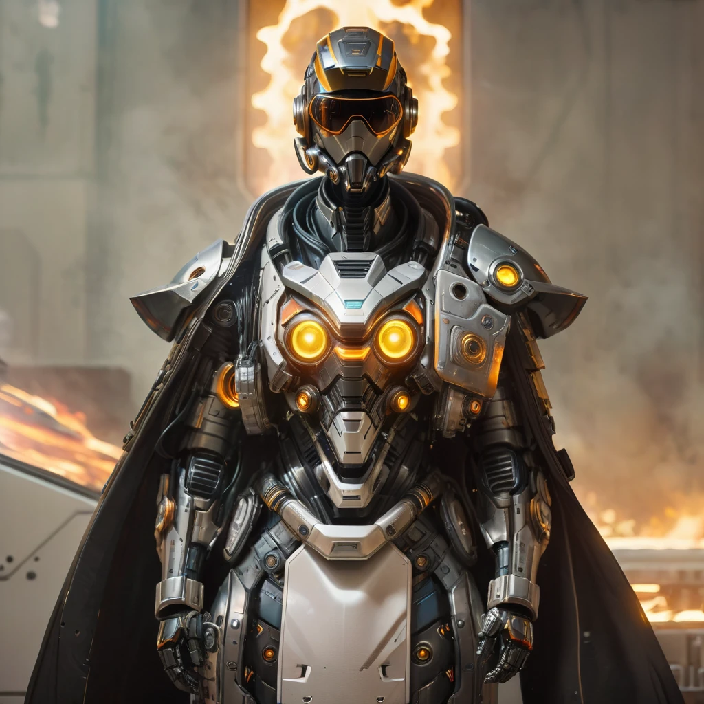 a close up of a robot in a building with a sunglasses on, cyberpunk flame suit, cyberpunk armor, cyberpunk suit, sci - fi suit, intricate cyberpunk armor, cybernetic fire armor, apex legends armor, cyber suit, cybernetic flame armor, clothed in sci-fi military armor, warrior in sci-fi armour, sci - fi armor