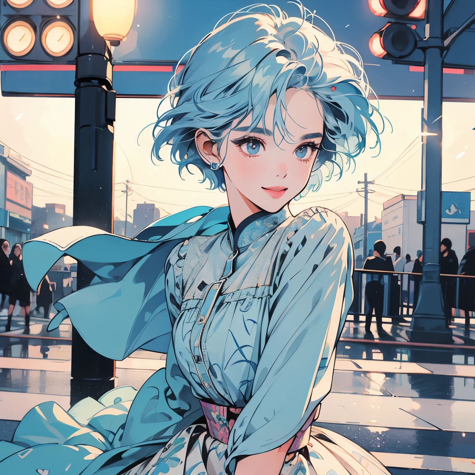 whole body、Kind Face、1 pretty woman、4k、Pattern、blouse、skirt、pedestrian crossing、Signal 、intersection、Complex background、Detailed Hair、smile、Light blue hair、Faint lighting、There is movement、Short Hair